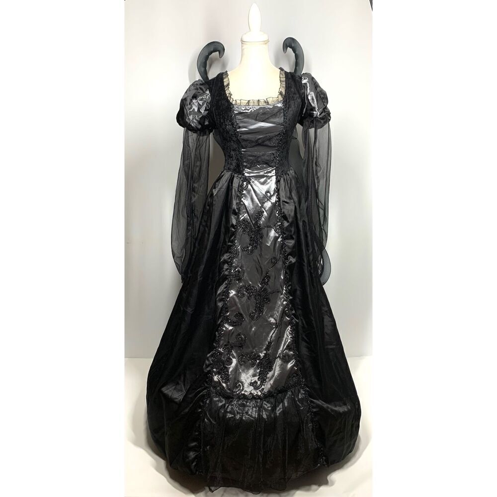 Enchanted Gothic Fairy Witch Costume Black Gown Hoop Skirt Wings Women Size S/ M
